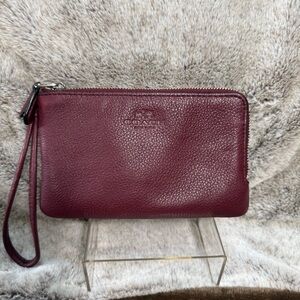 Coach Double Corner Zip Wristlet Leather Phone Wallet In Wine/Burgundy Leather
